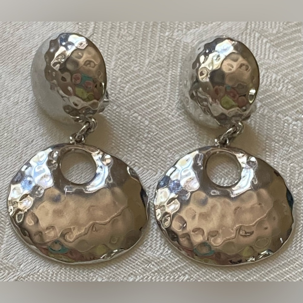 CHICO’S Dangling, Round, Silver Tone, Hammered Metal Clip-On Earrings